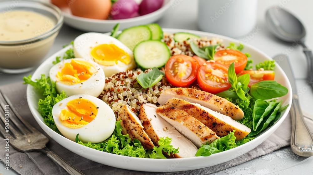 Healthy quinoa salad with grilled chicken and soft-boiled eggs Healthy quinoa salad with grilled chicken and soft-boiled eggs