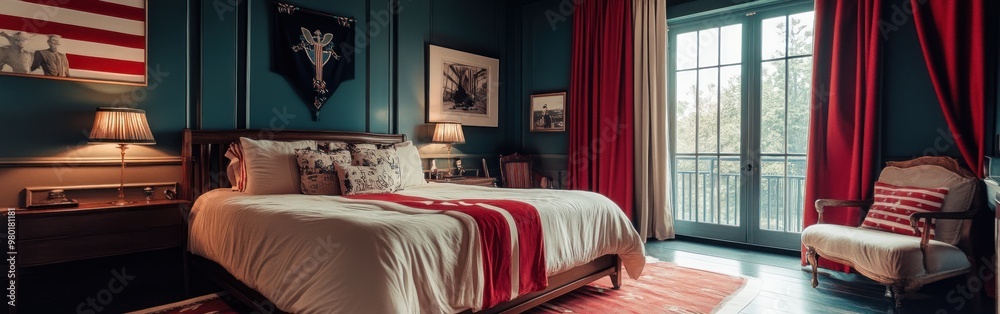 Fototapeta premium Cozy bedroom with a rustic design, featuring a large bed, artwork, and vibrant curtains.