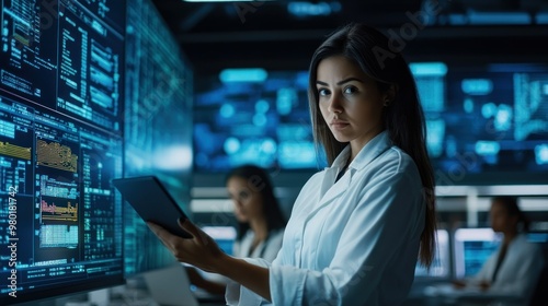 Woman with Tablet and Screens in a Technological Environment