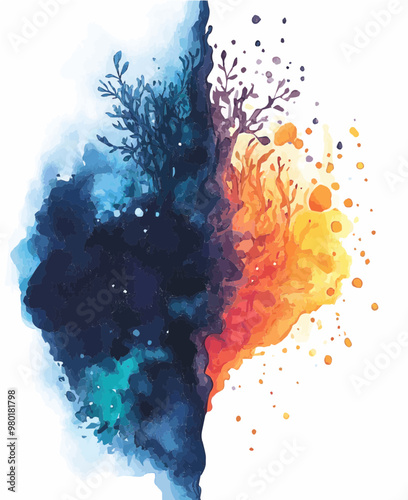 Stunning watercolor split illustration of contrasting fire and ice elements, symbolizing duality and balance in nature.