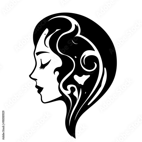 Abstract vector logo of a woman’s profile with swirling patterns, symbolizing emotional turmoil and introspective thoughts.