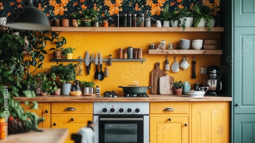 Eclectic kitchen with bold, vibrant wallpaper and mismatched furniture, playful aesthetic photo