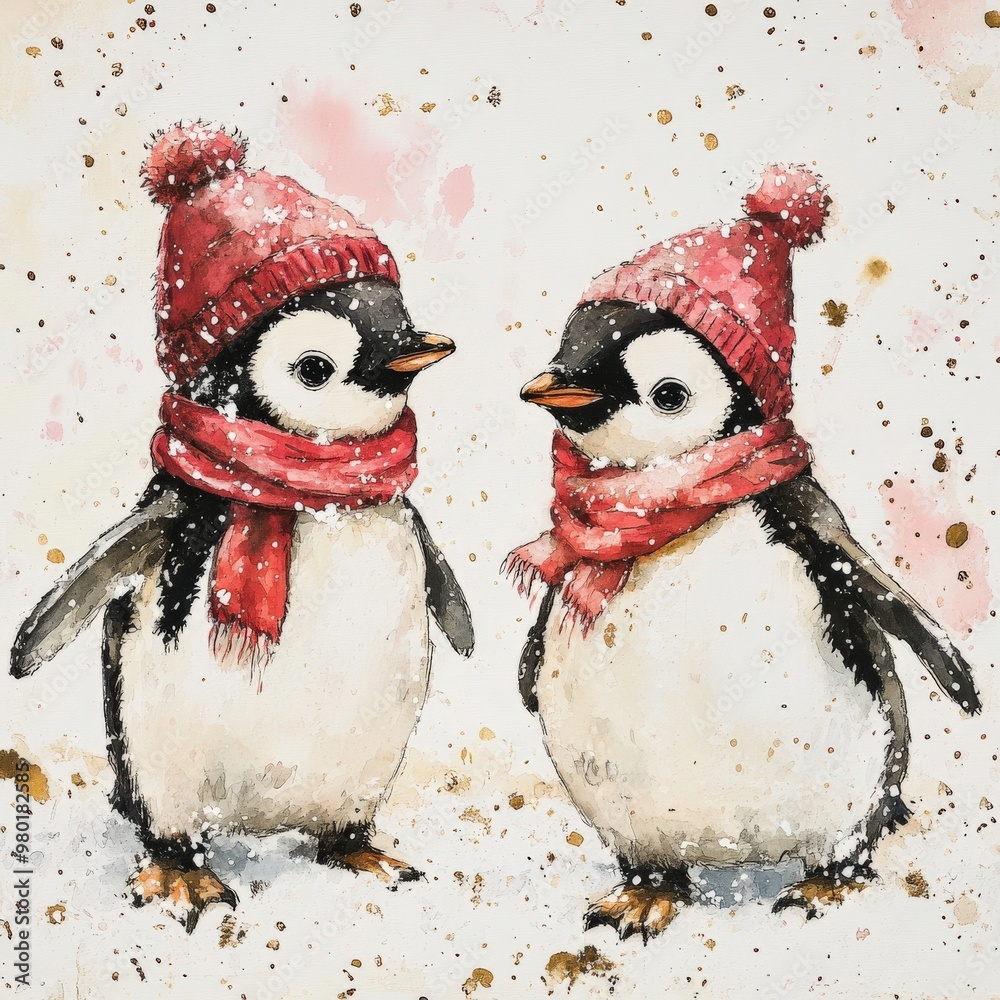 Adorable penguins in Christmas hats and scarves Adorable penguins in Christmas hats and scarves