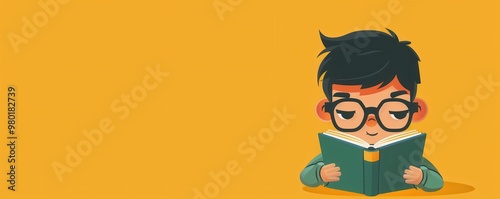 Cute cartoon boy reading a book