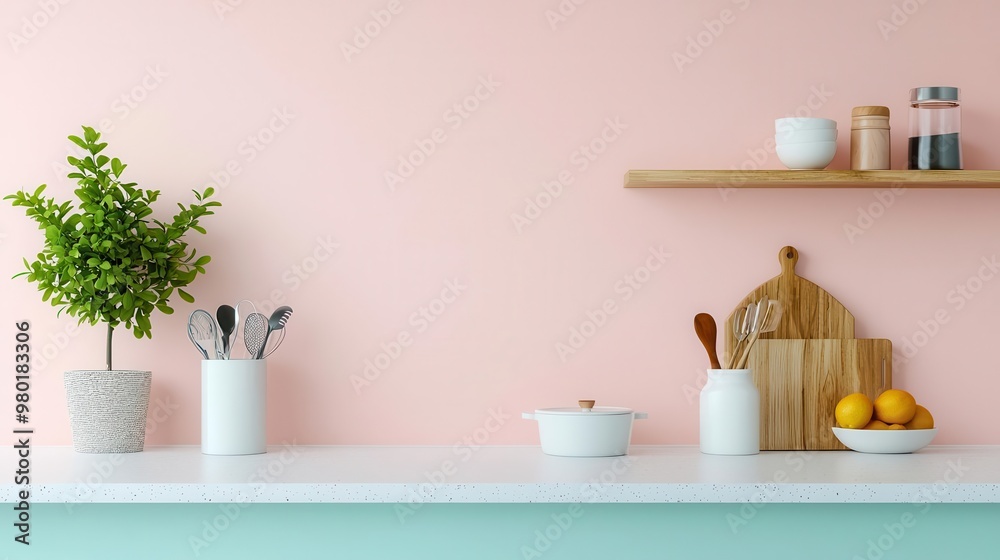 Scandinavian kitchen with soft pastel wallpaper and clean white countertops, simple aesthetic Scandinavian kitchen with soft pastel wallpaper and clean white countertops, simple aesthetic