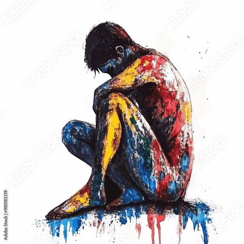 Abstract artwork of a person sitting in a depressive pose with splashes of vibrant paint representing emotional turmoil and mental health struggles.