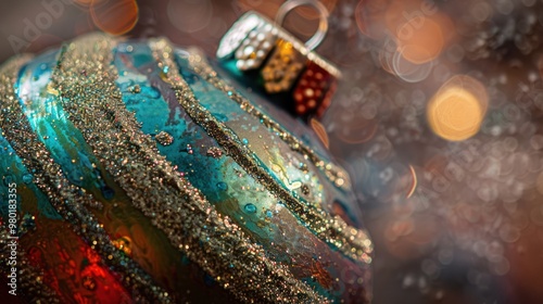 Close-up of a Glittering Blue Christmas Ornament