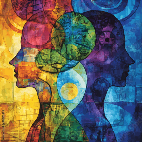 Colorful abstract silhouettes of two figures, symbolizing duality and human connection with artistic detail.