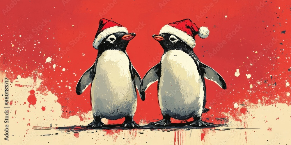 Adorable penguins in Christmas hats and scarves Adorable penguins in Christmas hats and scarves