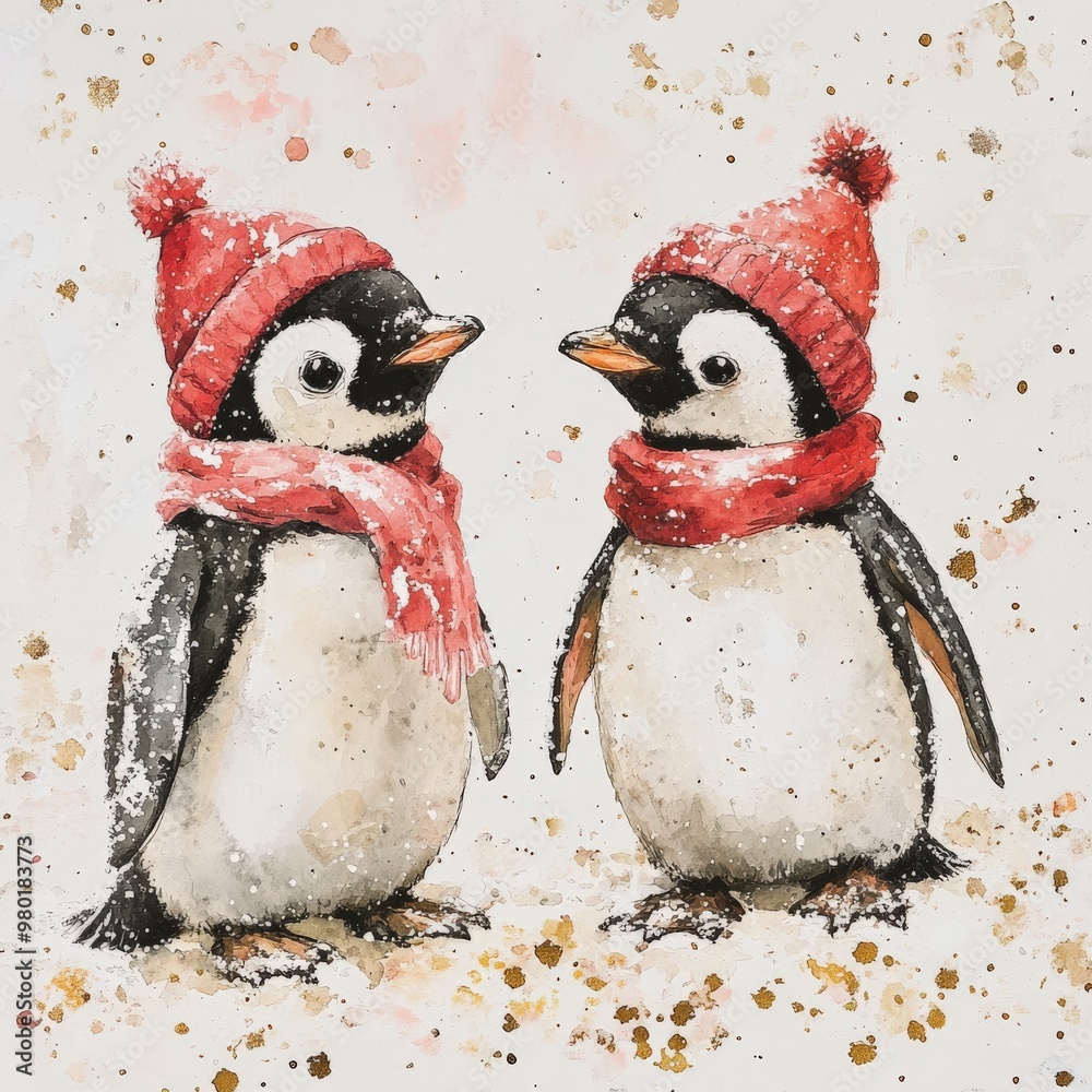 Adorable penguins in Christmas hats and scarves Adorable penguins in Christmas hats and scarves