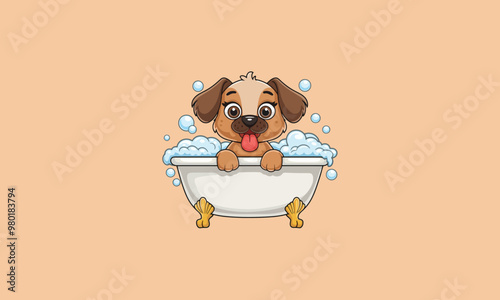 Cute dog enjoying a bubble bath in a pink tub.