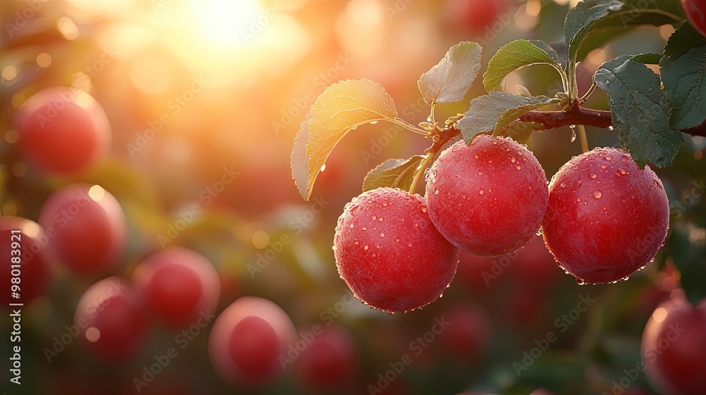 Ripe plums on tree branch in garden at sunset with golden hour sunlight Ripe plums on tree branch in garden at sunset with golden hour sunlight
