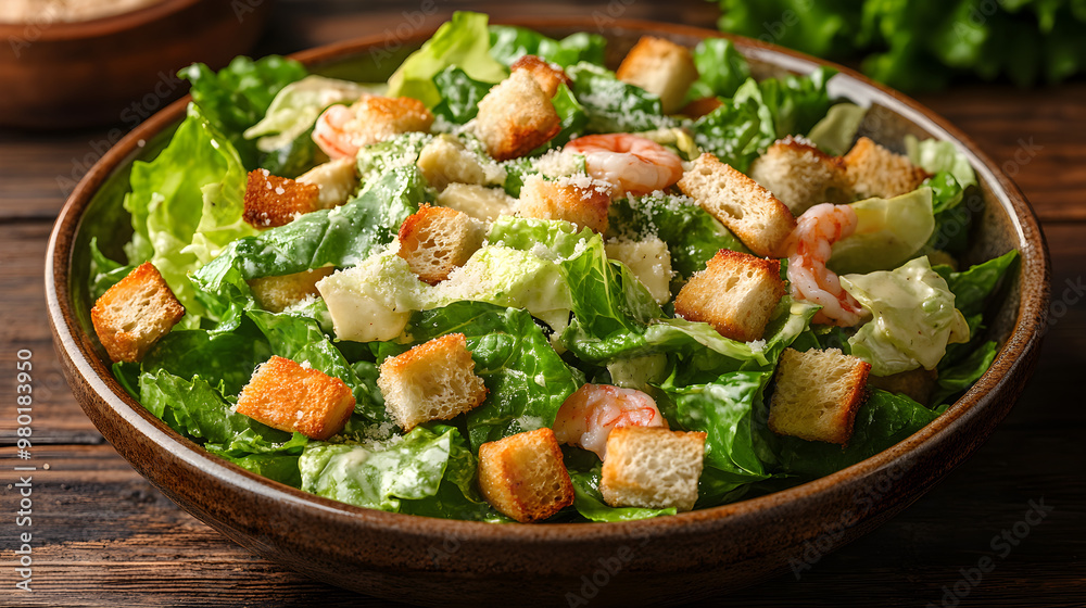 Gourmet Caesar Salad with Crispy Croutons and Succulent Shrimp in Rustic Bowl. Gourmet Caesar Salad with Crispy Croutons and Succulent Shrimp in Rustic Bowl.
