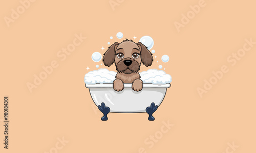 Cute dog enjoying a bubble bath in a pink tub.