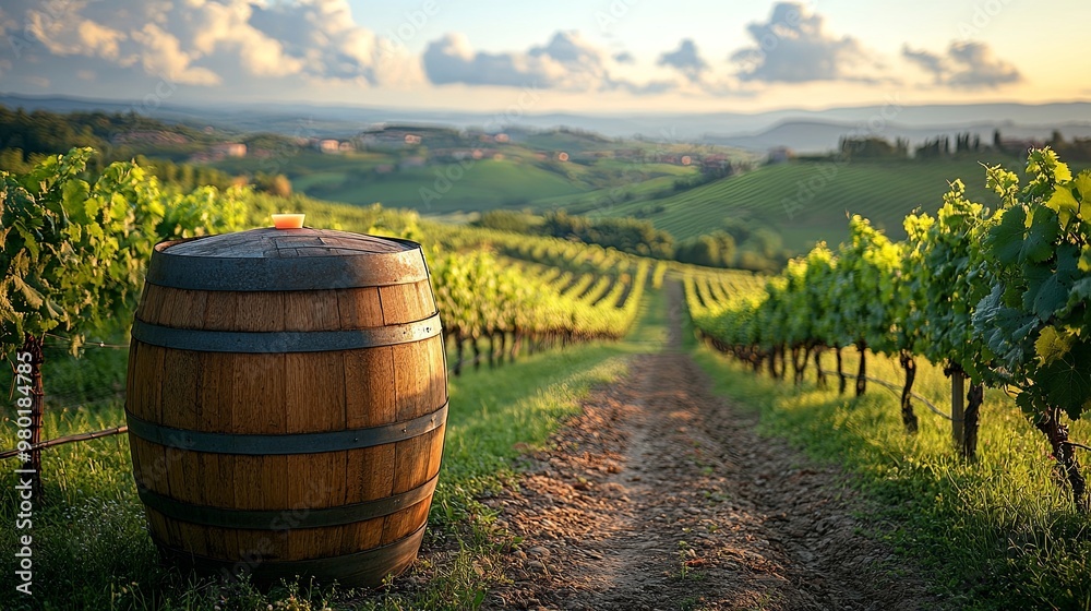 Red wine barrel on lush green vineyard in beautiful Tuscany Italy landscape Red wine barrel on lush green vineyard in beautiful Tuscany Italy landscape