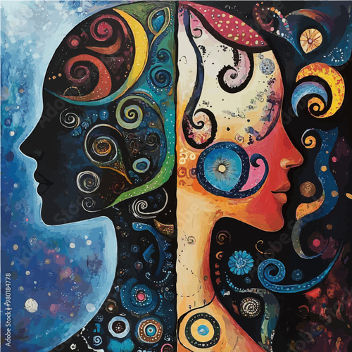 Abstract artistic profiles of two women in contrasting colors, representing duality of mind and emotions. Perfect for psychology and emotional wellness themes.