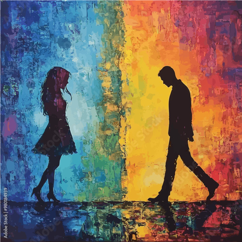 A colorful abstract representation of a man and woman walking away from each other, symbolizing emotional distance and relationships.