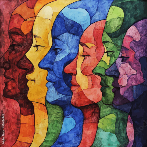 Colorful side profiles in abstract patterns, symbolizing diversity and sociocultural theories. Perfect for educational and social psychology designs.