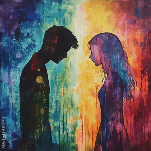 Abstract artistic profiles of a man and woman in contrasting colors, representing duality of mind and emotions. Perfect for psychology and emotional wellness themes.
