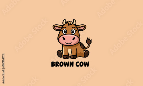 A cute brown cow cartoon sitting with a smiling expression.