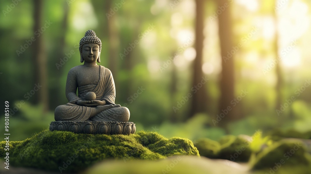 A serene Buddha statue in a peaceful forest setting, surrounded by lush greenery and soft sunlight, perfect for meditation themes. A serene Buddha statue in a peaceful forest setting, surrounded by lush greenery and soft sunlight, perfect for meditation themes.