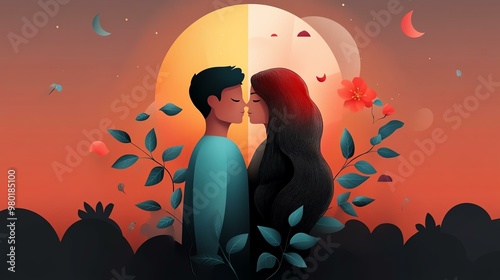 A romantic illustration of a couple embracing under a sunset, surrounded by nature's beauty and serene colors. photo