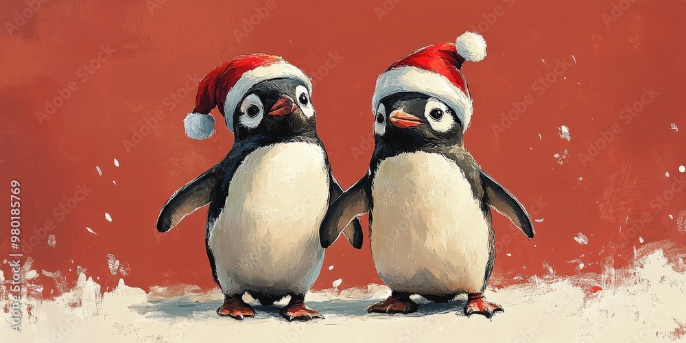 Adorable penguins in Christmas hats and scarves