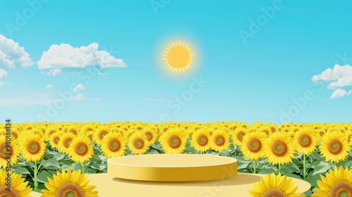 Sunlit display stand in a vibrant sunflower field under a clear blue sky, perfect for product advertisement or nature-themed backgrounds. photo