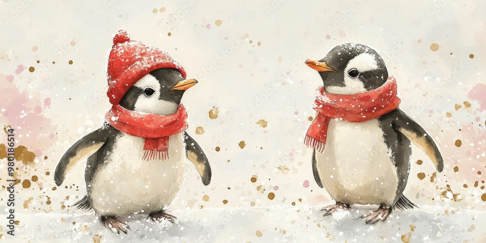 Adorable penguins in Christmas hats and scarves Adorable penguins in Christmas hats and scarves