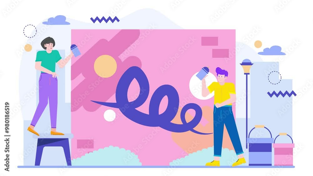 Two artists work together on a vibrant mural showcasing teamwork and creativity in urban art animated video Two artists work together on a vibrant mural showcasing teamwork and creativity in urban art animated video