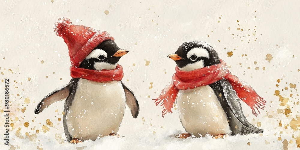 Adorable penguins in Christmas hats and scarves Adorable penguins in Christmas hats and scarves