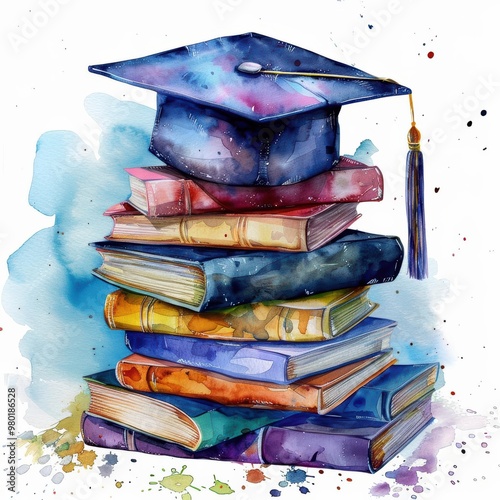 Graduation cap on books, education theme, watercolor style, bright, isolated on white background