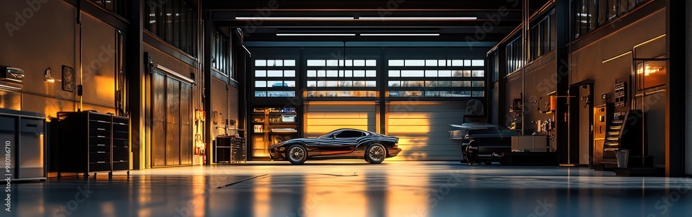 Obraz premium A sleek car in a modern garage, illuminated by warm light, showcasing automotive design.