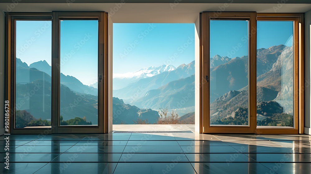 A view of mountains through sliding glass doors in a modern house. A view of mountains through sliding glass doors in a modern house.
