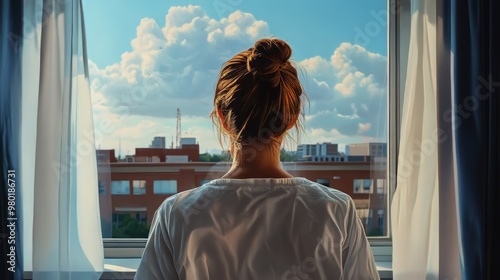 A patient looking out a hospital window photorealism art 