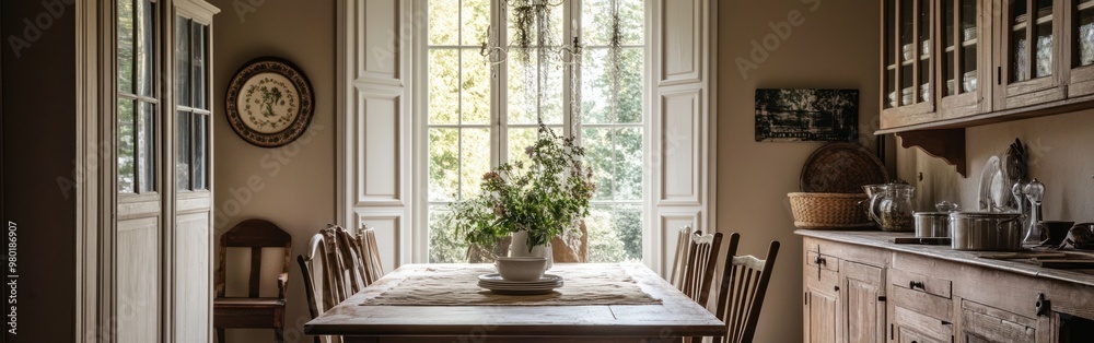 A cozy dining room with a wooden table, chairs, and natural light from large windows. A cozy dining room with a wooden table, chairs, and natural light from large windows.