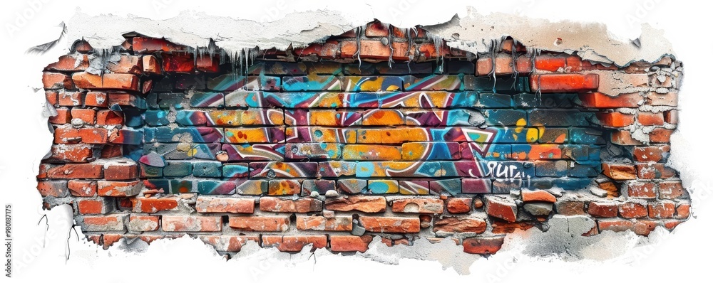 Naklejka premium Hole in a brick wall, graffiti art, urban style, realistic, isolated on white background