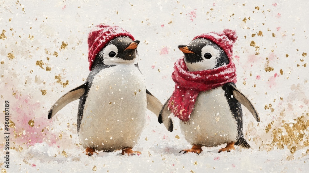 Adorable penguins in Christmas hats and scarves Adorable penguins in Christmas hats and scarves