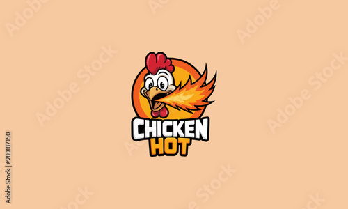 A fiery chicken mascot with flames, representing hot and spicy food.