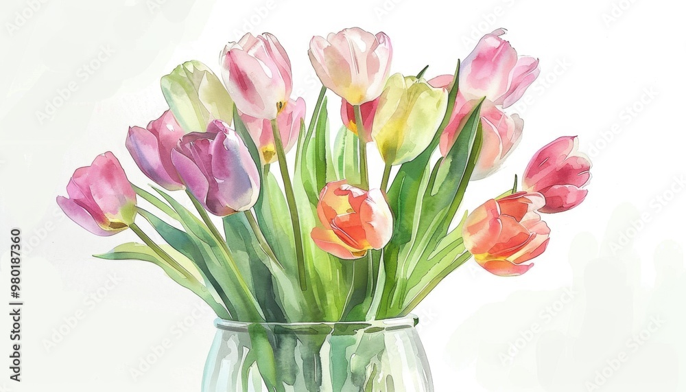 Colorful bouquet of blooming tulips in a glass vase displayed indoors on a bright, sunny day Colorful bouquet of blooming tulips in a glass vase displayed indoors on a bright, sunny day