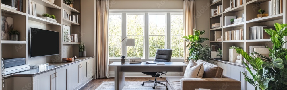Modern office space with a desk, plants, and shelves, promoting productivity and comfort.
