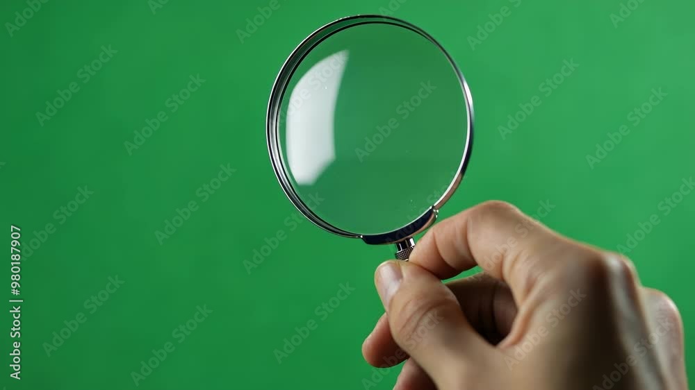 Hand is holding a magnifying glass against a green screen background, providing a versatile tool for visual emphasis and creative compositions Hand is holding a magnifying glass against a green screen background, providing a versatile tool for visual emphasis and creative compositions