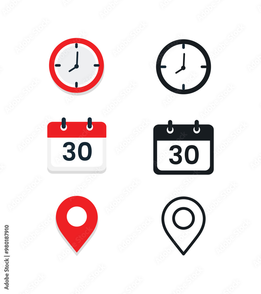 Set of Time, date and address icon set. Clock, calendar, location pin. Isolated on white background. Vector illustration. Set of Time, date and address icon set. Clock, calendar, location pin. Isolated on white background. Vector illustration.