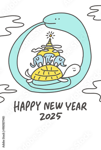 古代インドの宇宙観　巨大な蛇の年賀状イラスト　2025 