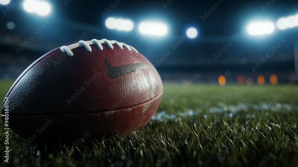 Close-up of a football lying on the grass at the start of the game, ready for the opening play, with bright stadium lights overhead. Close-up of a football lying on the grass at the start of the game, ready for the opening play, with bright stadium lights overhead.