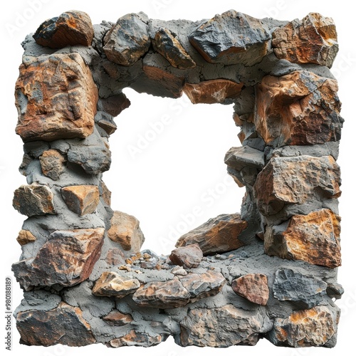 Hole in a stone wall, ancient ruins behind, historical theme, realistic, isolated on white background