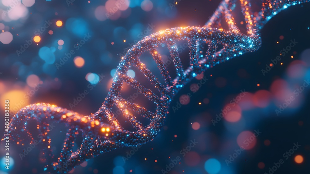 A Glittering DNA Double Helix Against a Blue and Orange Bokeh Background A Glittering DNA Double Helix Against a Blue and Orange Bokeh Background