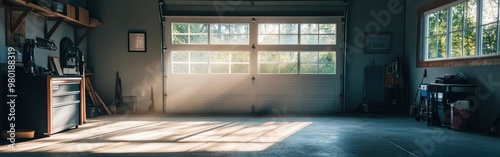 A bright, spacious garage with sunlight streaming through large windows.