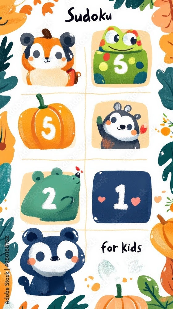 Obraz premium A Fun and Colorful Sudoku Puzzle for Kids Featuring Cute Animals and Pumpkins in an Interactive Design. Generative AI