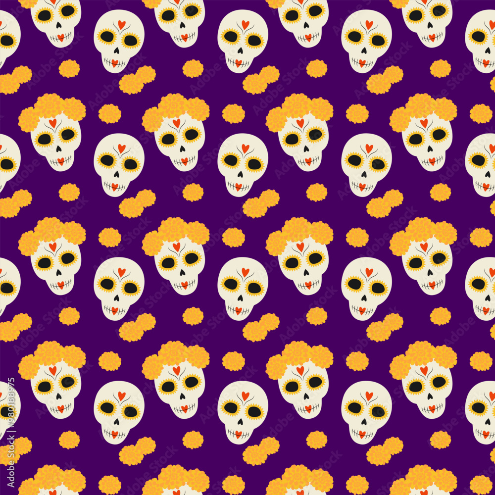 Sugar skulls with flowers in wreath Seamless pattern. Day of the dead Greeting background concept Sugar skulls with flowers in wreath Seamless pattern. Day of the dead Greeting background concept